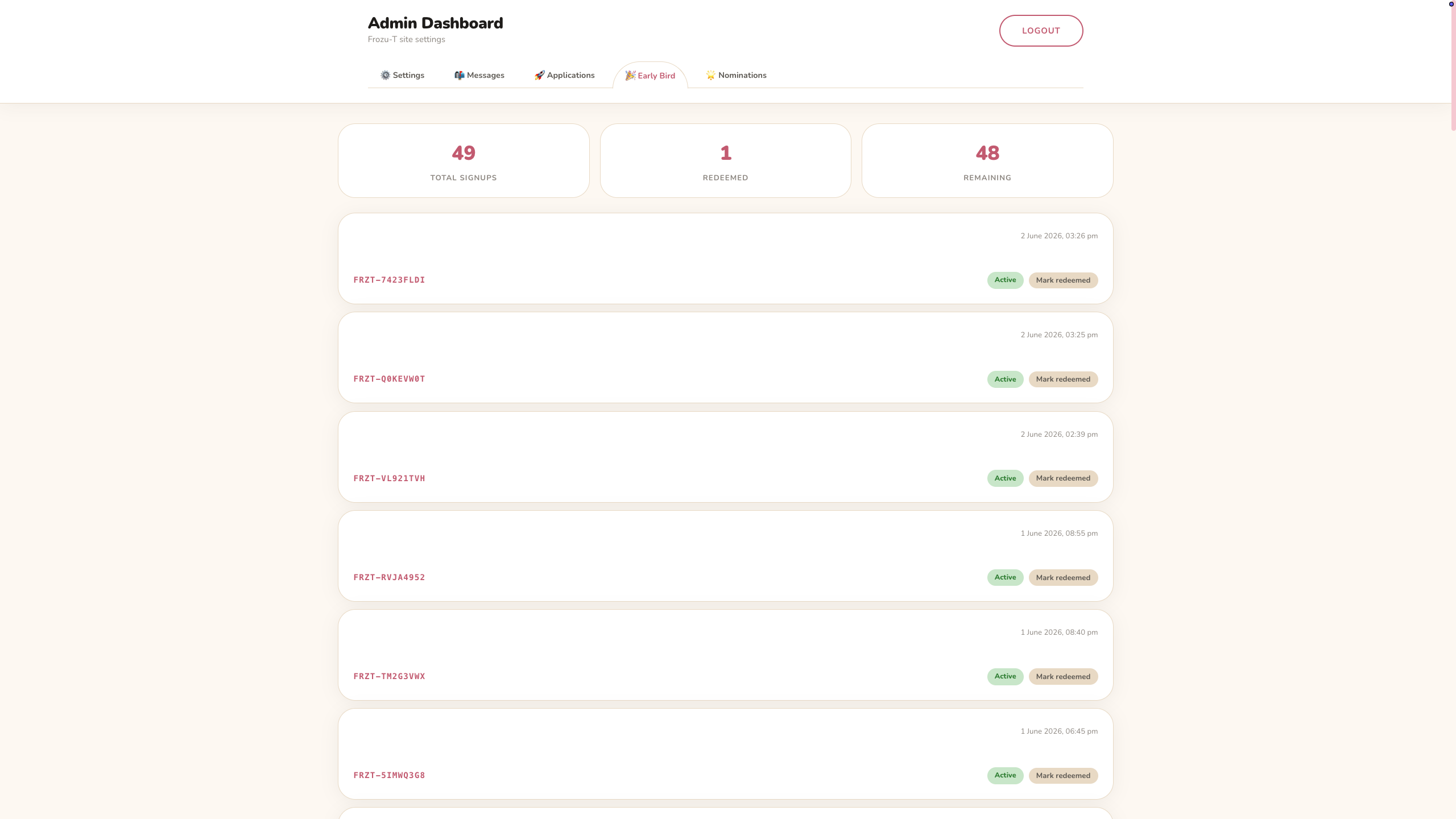 Frozu-t - Early bird admin