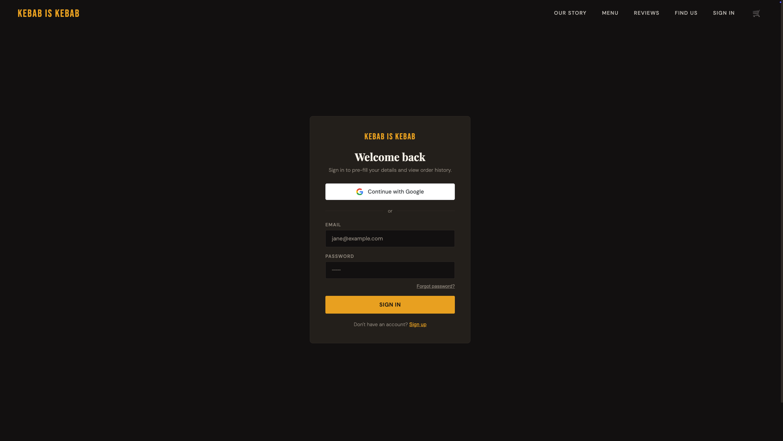 Kebab Store - Customer login