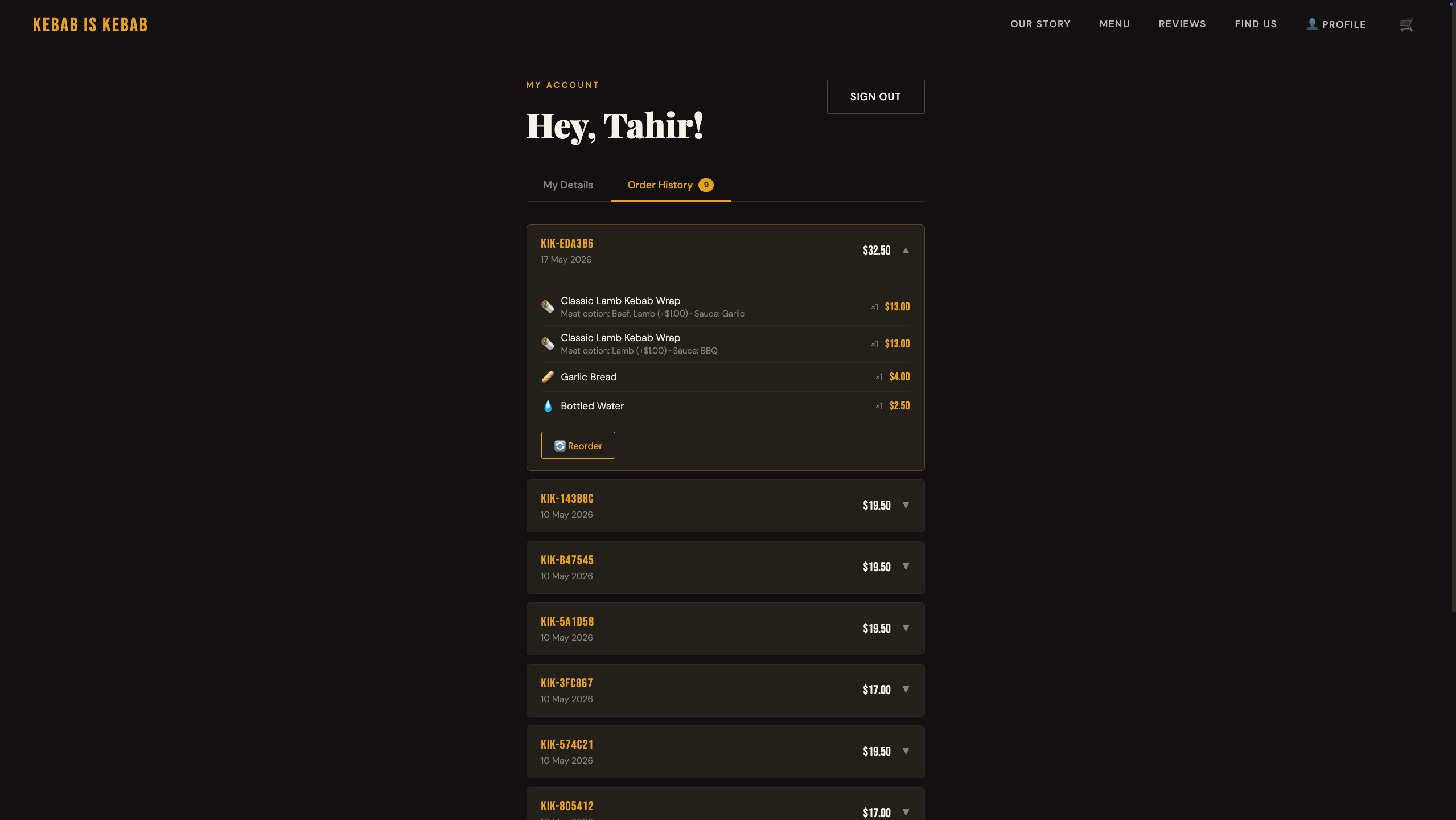 Kebab Store - Order history